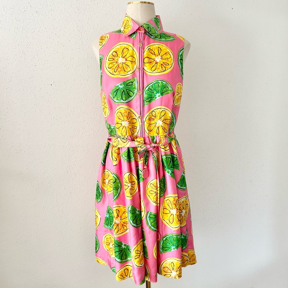JULIE BROWN Pink Lemon/Lime Printed Silk Satin Sleeveless Belted Dress Women's 8